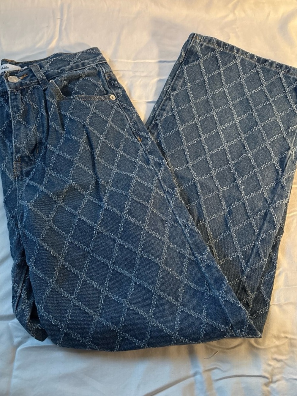Adika Dark Blue Diamond-Pattern Wide Leg Jeans